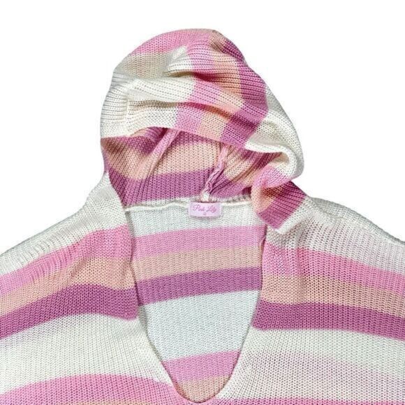 Pink Lily Hoodie Womens Sz M Pink White Striped Pull Over Knit Oversized Sweater - Picture 2 of 16